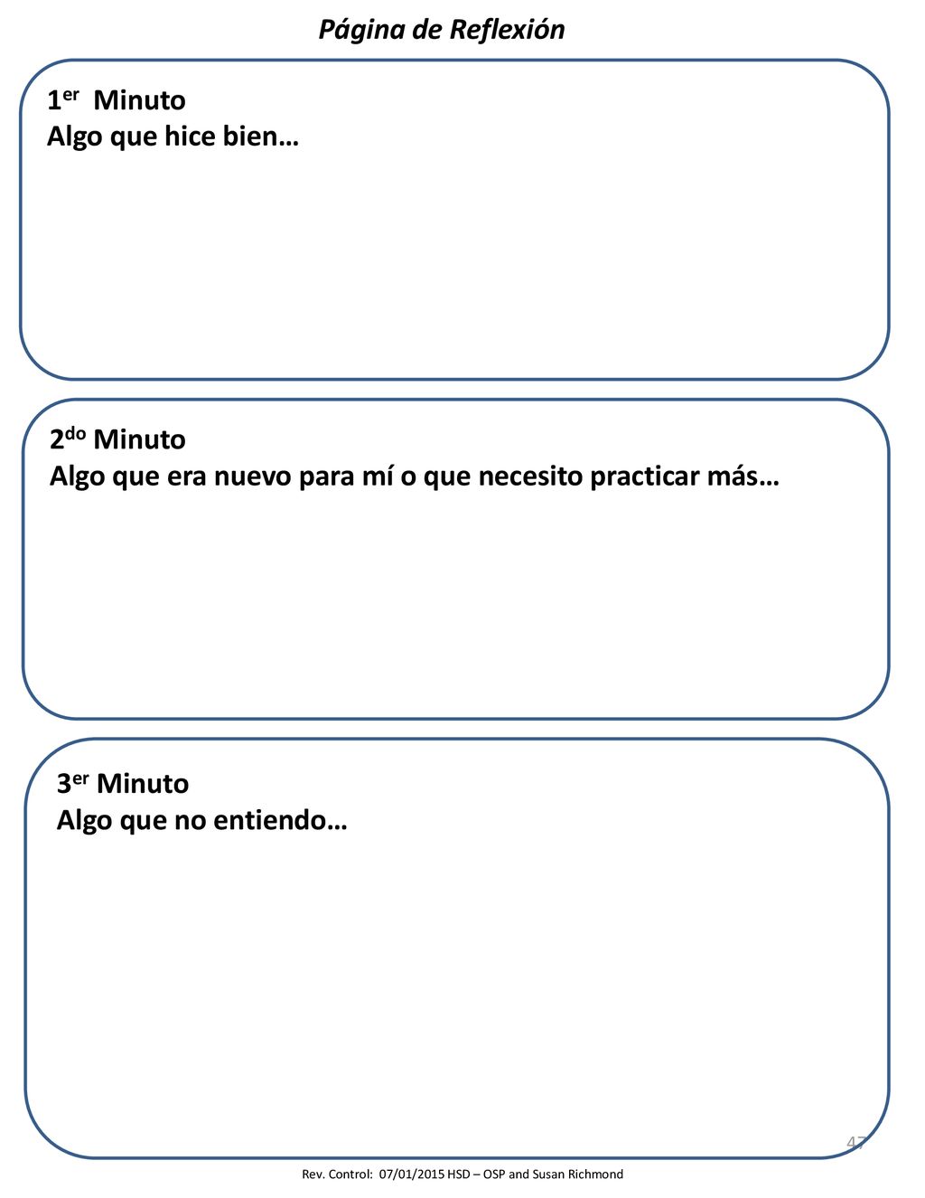 1er Minuto Algo que hice bien… 2do Minuto. Algo que era nuevo para mí o que necesito practicar más…