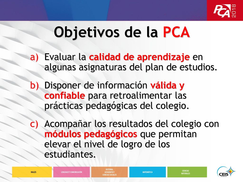 Objetivos de la PCA Evaluar la calidad de aprendizaje en algunas asignaturas del plan de estudios.