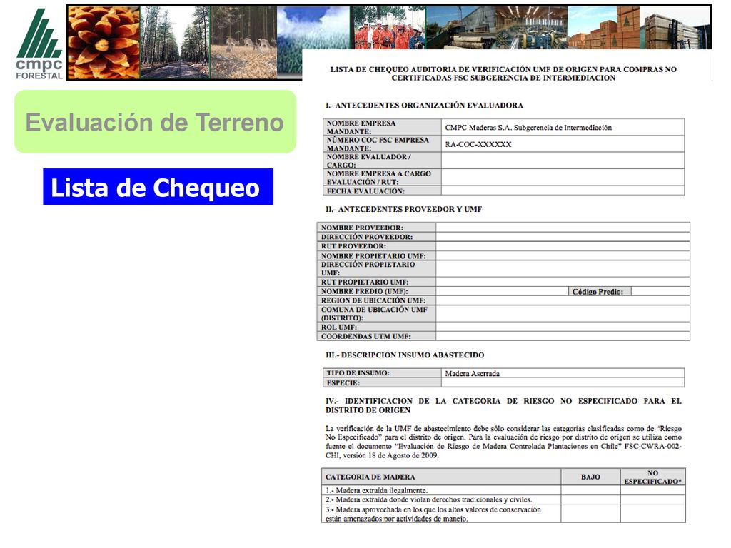 Evaluación de Terreno Lista de Chequeo