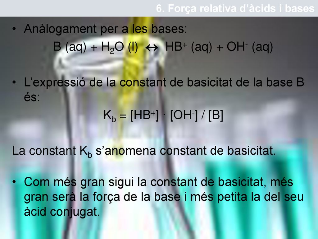 B (aq) + H2O (l)  HB+ (aq) + OH- (aq)