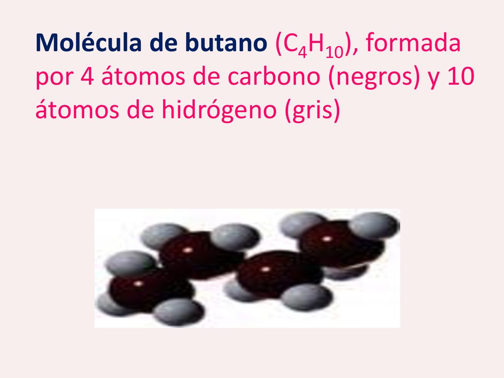 Molécula de butano (C4H10), formada por 4 átomos de carbono (negros) y 10 átomos de hidrógeno (gris)