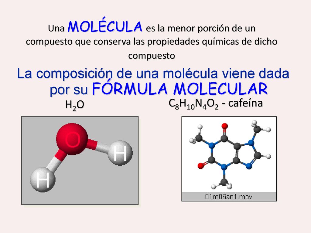 La composición de una molécula viene dada por su FÓRMULA MOLECULAR