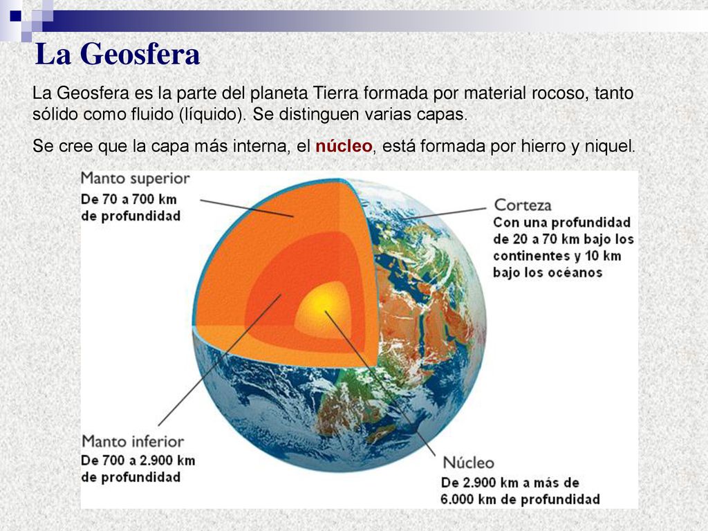 La Geosfera La Geosfera es la parte del planeta Tierra formada por material rocoso, tanto sólido como fluido (líquido). Se distinguen varias capas.