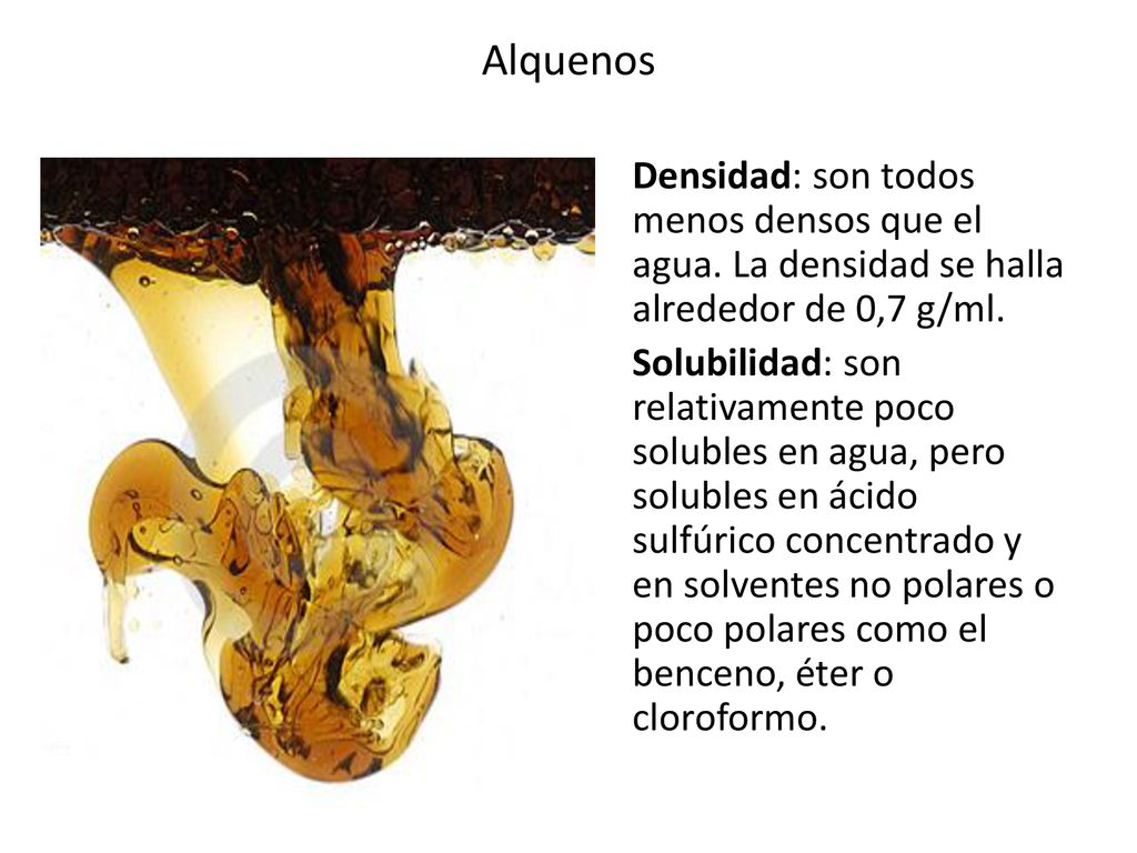 Alquenos Densidad: son todos menos densos que el agua. La densidad se halla alrededor de 0,7 g/ml.