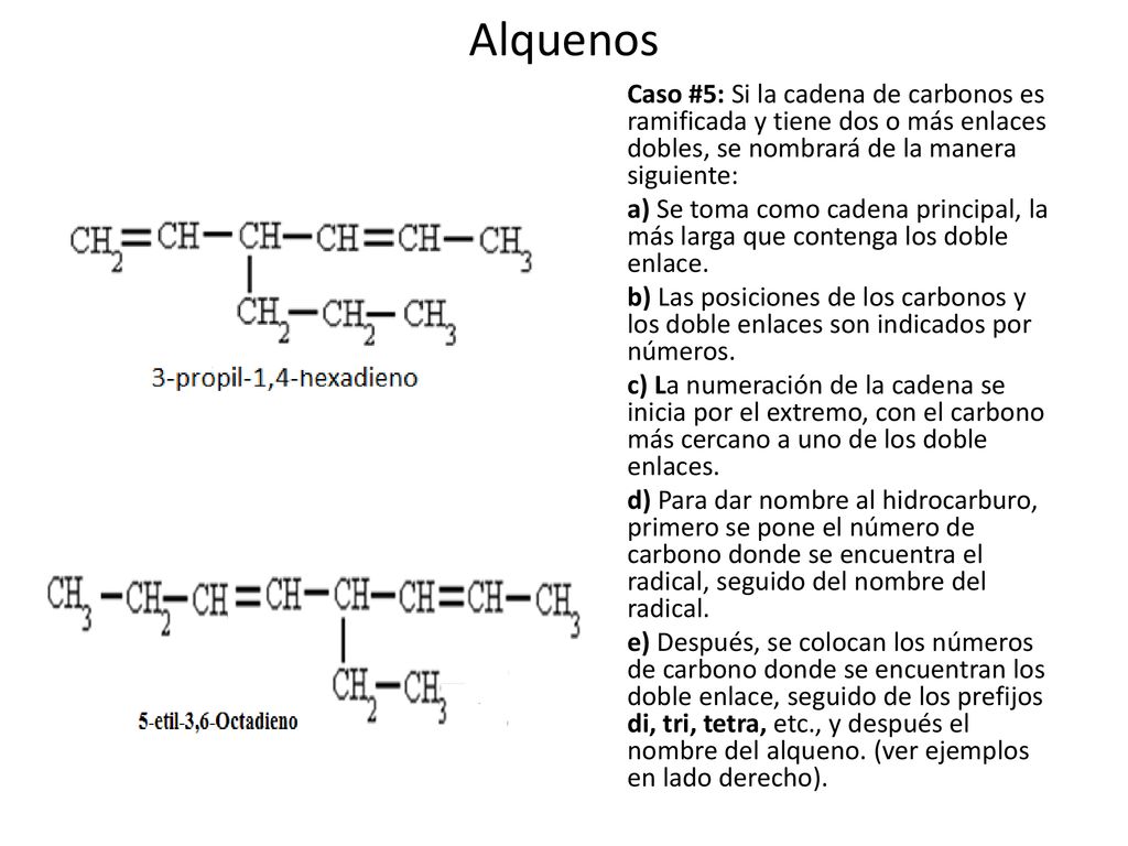 Alquenos Caso #5: Si la cadena de carbonos es ramificada y tiene dos o más enlaces dobles, se nombrará de la manera siguiente: