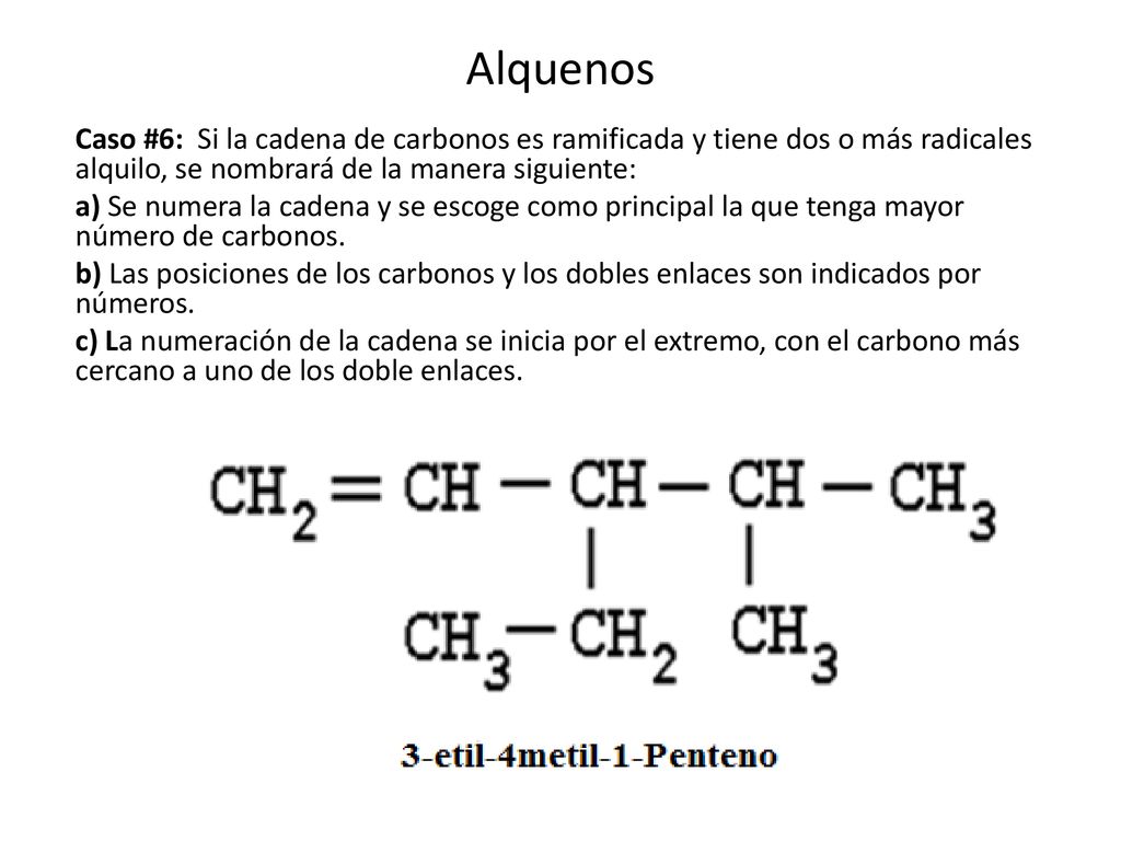 Alquenos Caso #6: Si la cadena de carbonos es ramificada y tiene dos o más radicales alquilo, se nombrará de la manera siguiente: