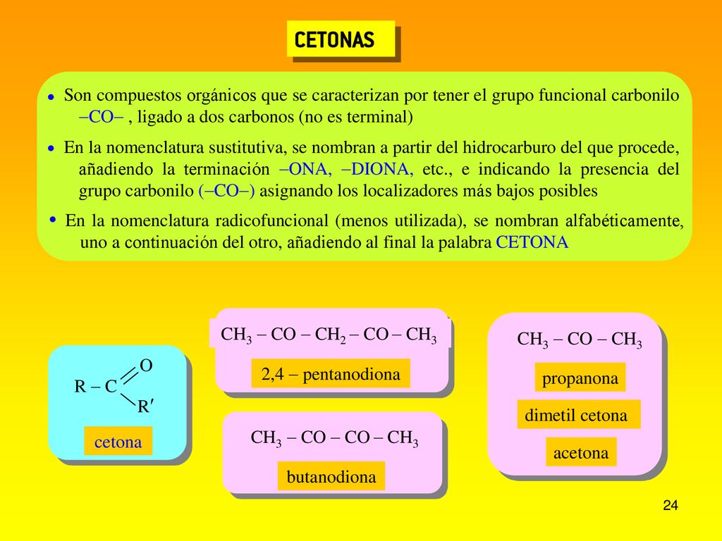 CETONAS  Son compuestos orgánicos que se caracterizan por tener el grupo funcional carbonilo -CO- , ligado a dos carbonos (no es terminal)