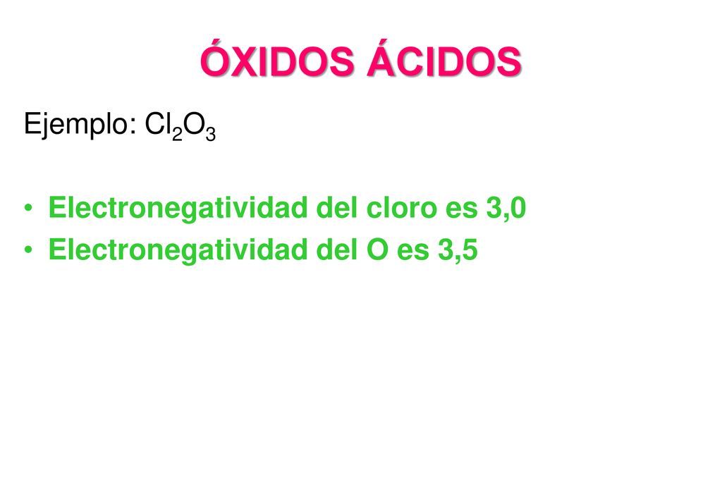 ÓXIDOS ÁCIDOS Ejemplo: Cl2O3 Electronegatividad del cloro es 3,0