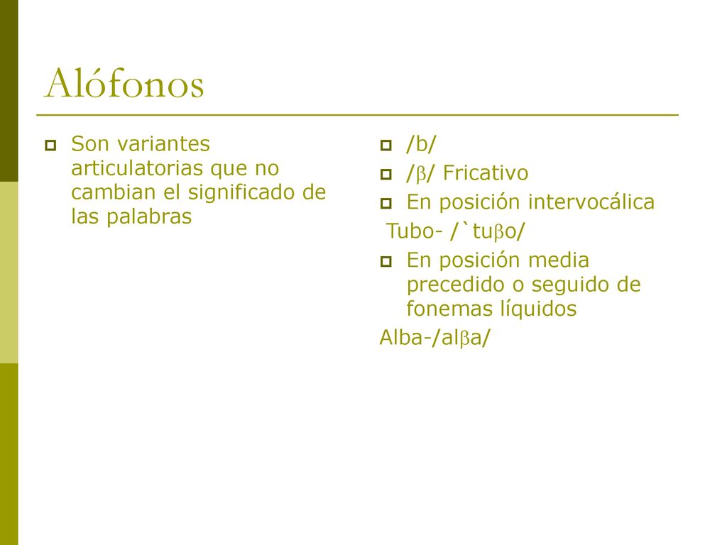 Alófonos Son variantes articulatorias que no cambian el significado de las palabras. /b/ // Fricativo.