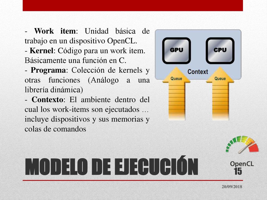 - Work item: Unidad básica de trabajo en un dispositivo OpenCL.