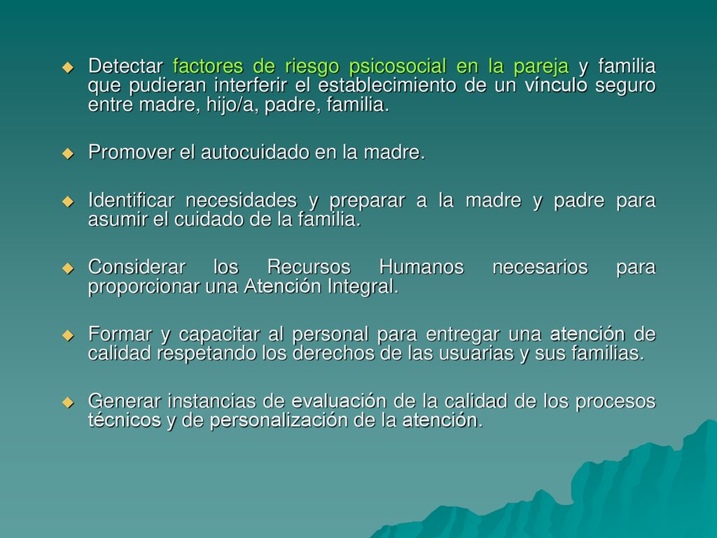 Detectar factores de riesgo psicosocial en la pareja y familia que pudieran interferir el establecimiento de un vínculo seguro entre madre, hijo/a, padre, familia.