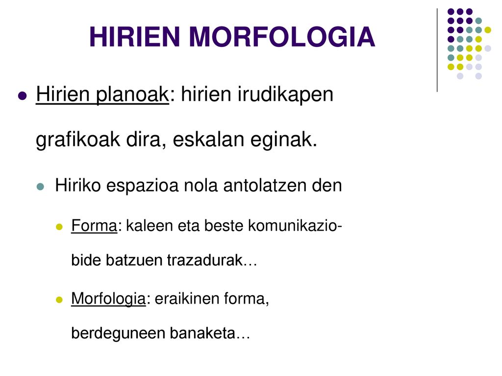 HIRIEN MORFOLOGIA Hirien planoak: hirien irudikapen grafikoak dira, eskalan eginak. Hiriko espazioa nola antolatzen den.