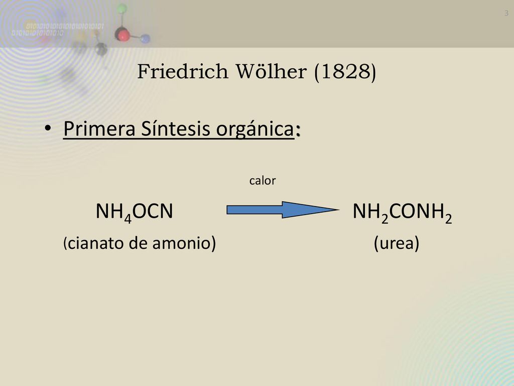 Friedrich Wölher (1828) Primera Síntesis orgánica: calor NH4OCN NH2CONH2 (cianato de amonio) (urea)