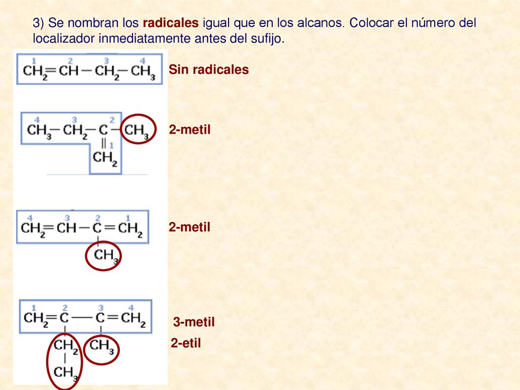 3) Se nombran los radicales igual que en los alcanos