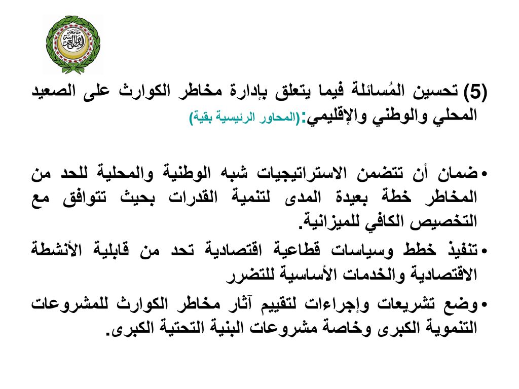 (5)تحسين المُسائلة فيما يتعلق بإدارة مخاطر الكوارث على الصعيد المحلي والوطني والإقليمي:(المحاور الرئيسية بقية)