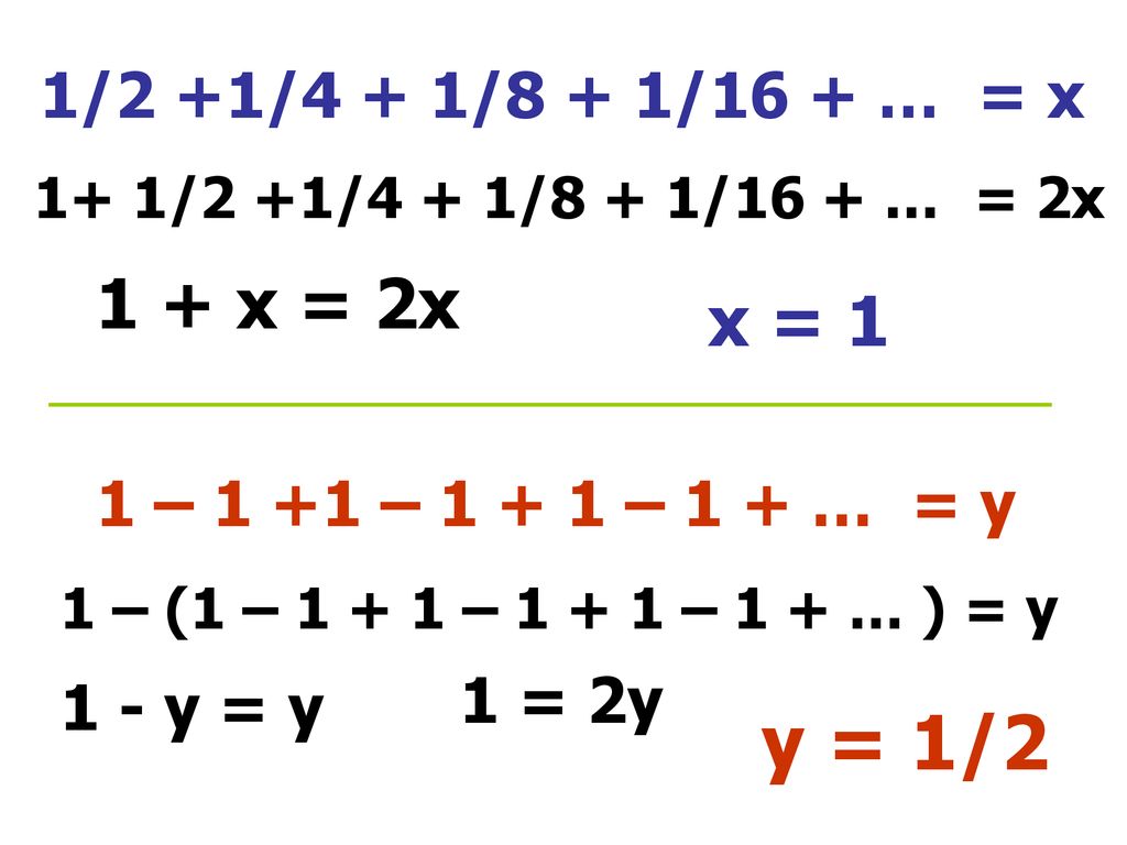y = 1/2 1 + x = 2x x = 1 1/2 +1/4 + 1/8 + 1/16 + … = x