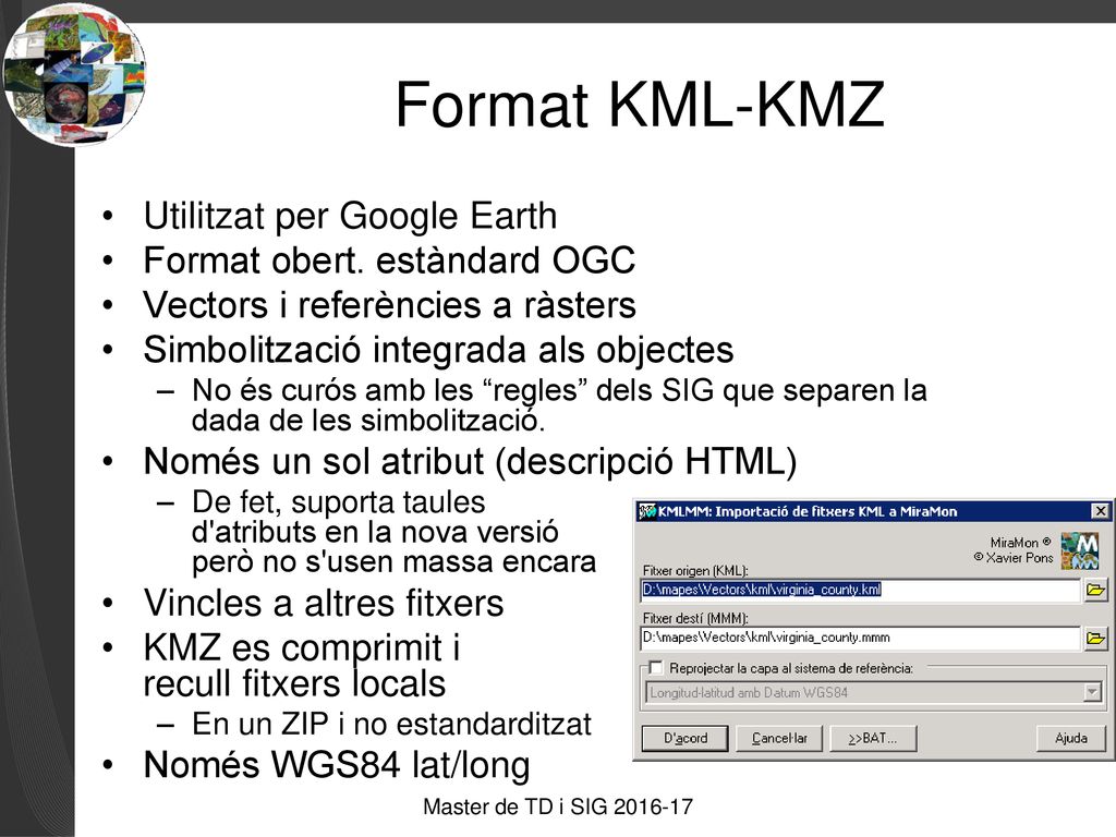 Format KML-KMZ Utilitzat per Google Earth Format obert. estàndard OGC