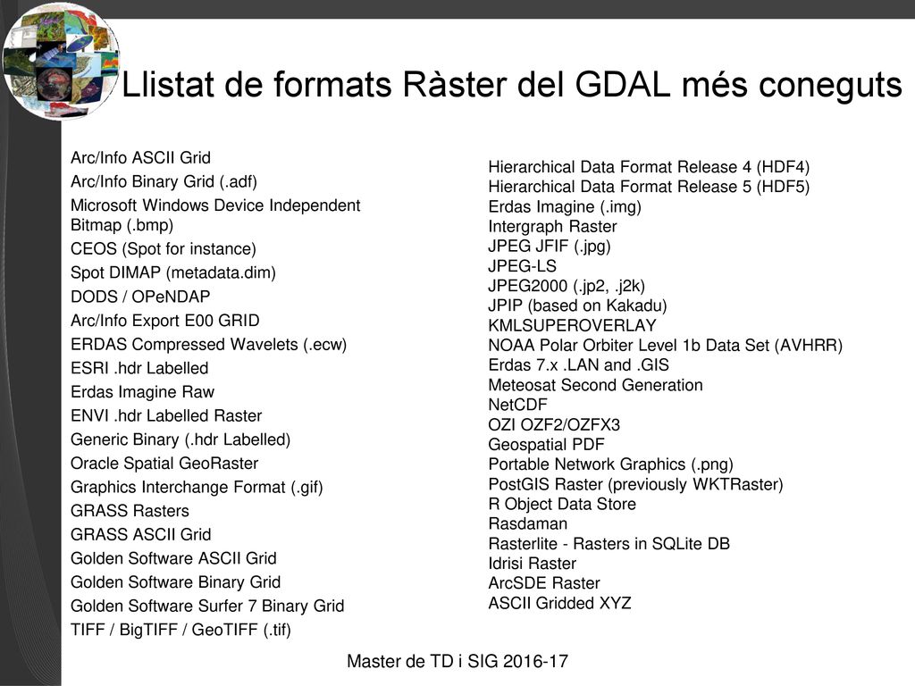 Llistat de formats Ràster del GDAL més coneguts