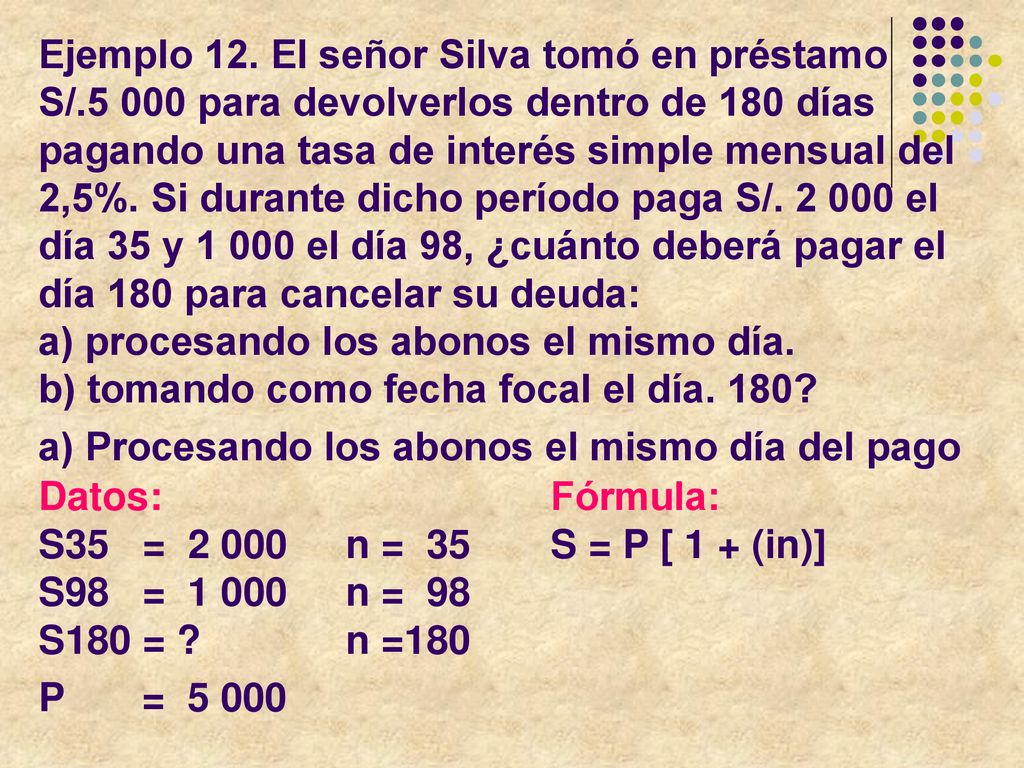Ejemplo 12. El señor Silva tomó en préstamo S/