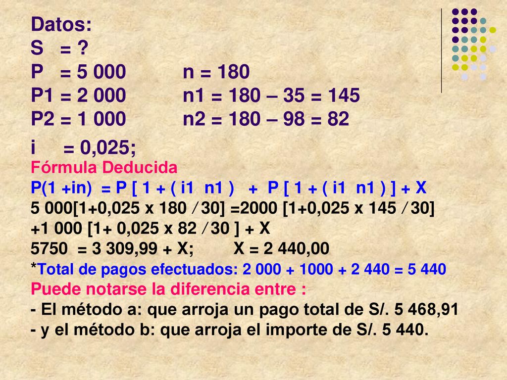 Datos: S = P = n = 180 P1 = n1 = 180 – 35 = 145 P2 = n2 = 180 – 98 = 82 i = 0,025;