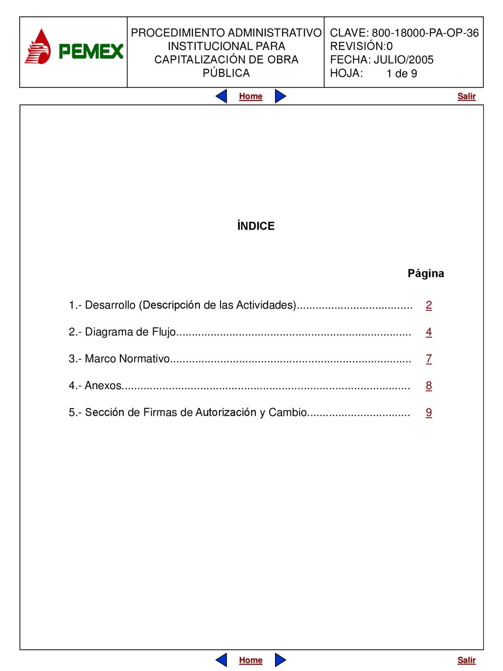 1 de 9 ÍNDICE. Página. 1.- Desarrollo (Descripción de las Actividades)