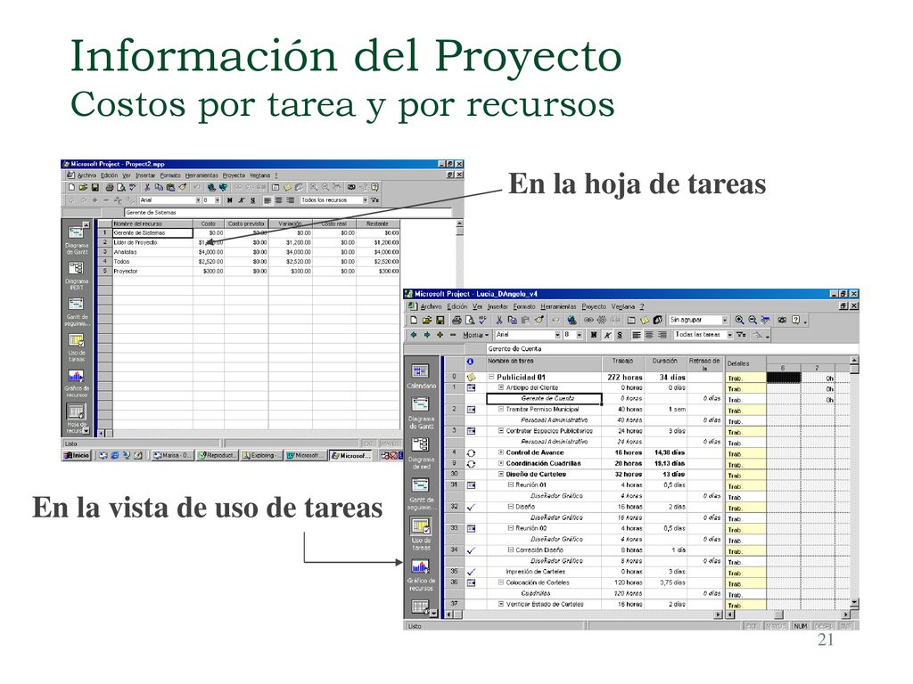 Información del Proyecto Costos por tarea y por recursos