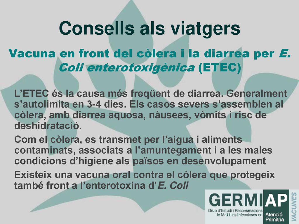 Consells als viatgers Vacuna en front del còlera i la diarrea per E. Coli enterotoxigènica (ETEC)