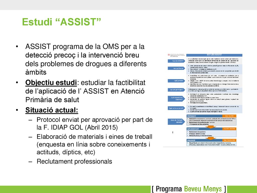 Estudi ASSIST ASSIST programa de la OMS per a la detecció precoç i la intervenció breu dels problemes de drogues a diferents àmbits.