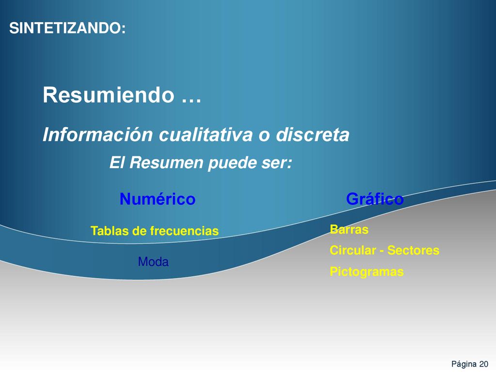 Resumiendo … Información cualitativa o discreta El Resumen puede ser: