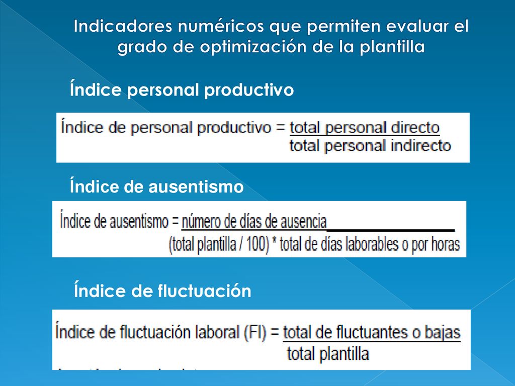Indicadores numéricos que permiten evaluar el grado de optimización de la plantilla