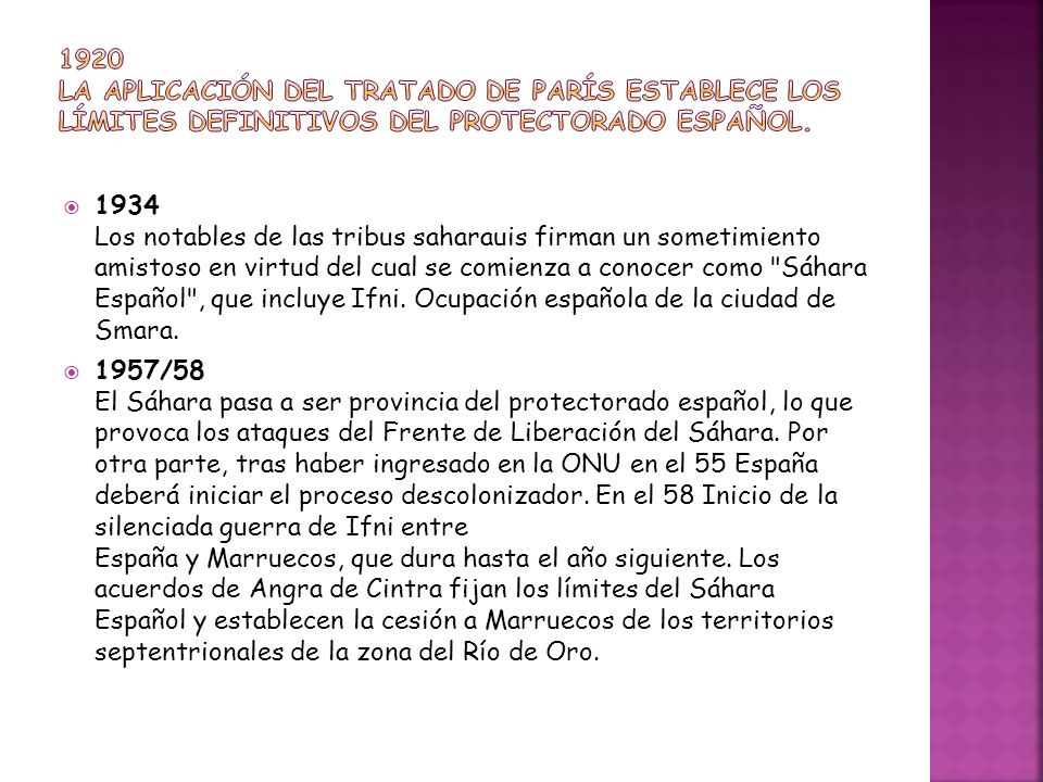 1920 La aplicación del Tratado de París establece los límites definitivos del Protectorado español.