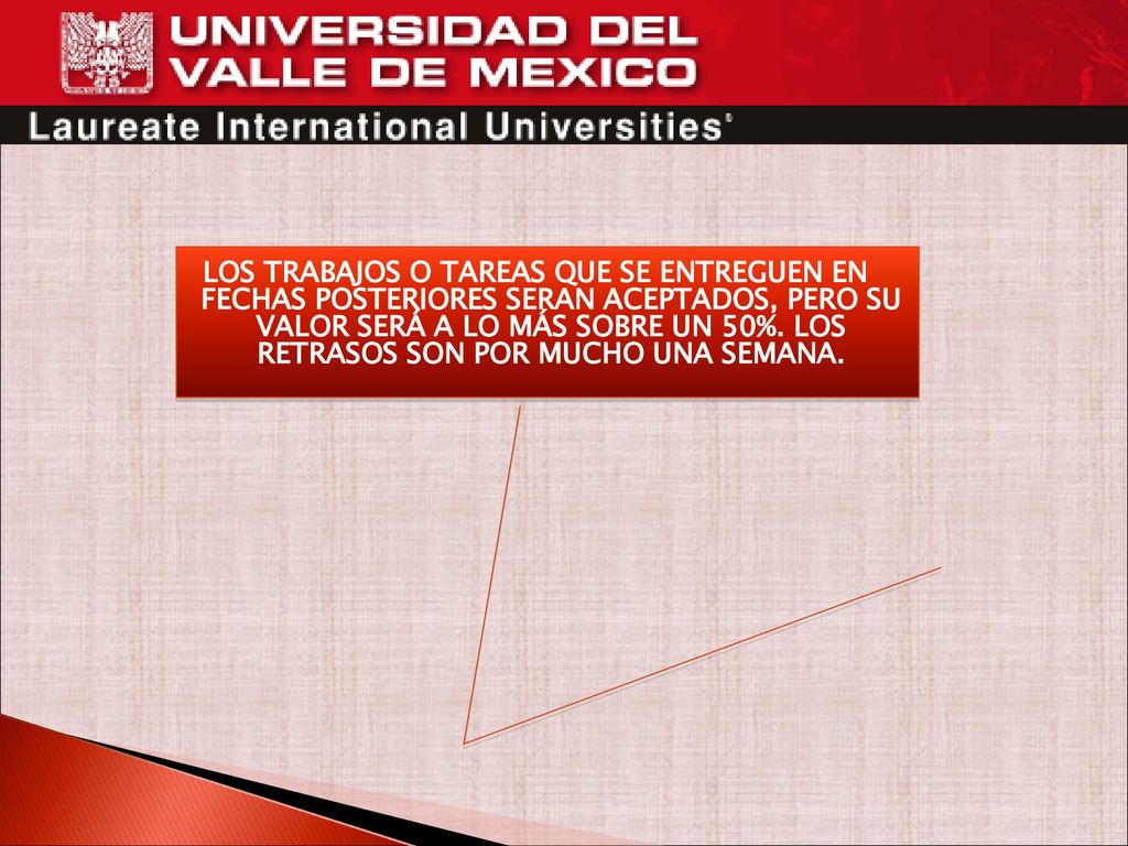 LOS TRABAJOS O TAREAS QUE SE ENTREGUEN EN FECHAS POSTERIORES SERAN ACEPTADOS, PERO SU VALOR SERÁ A LO MÁS SOBRE UN 50%.