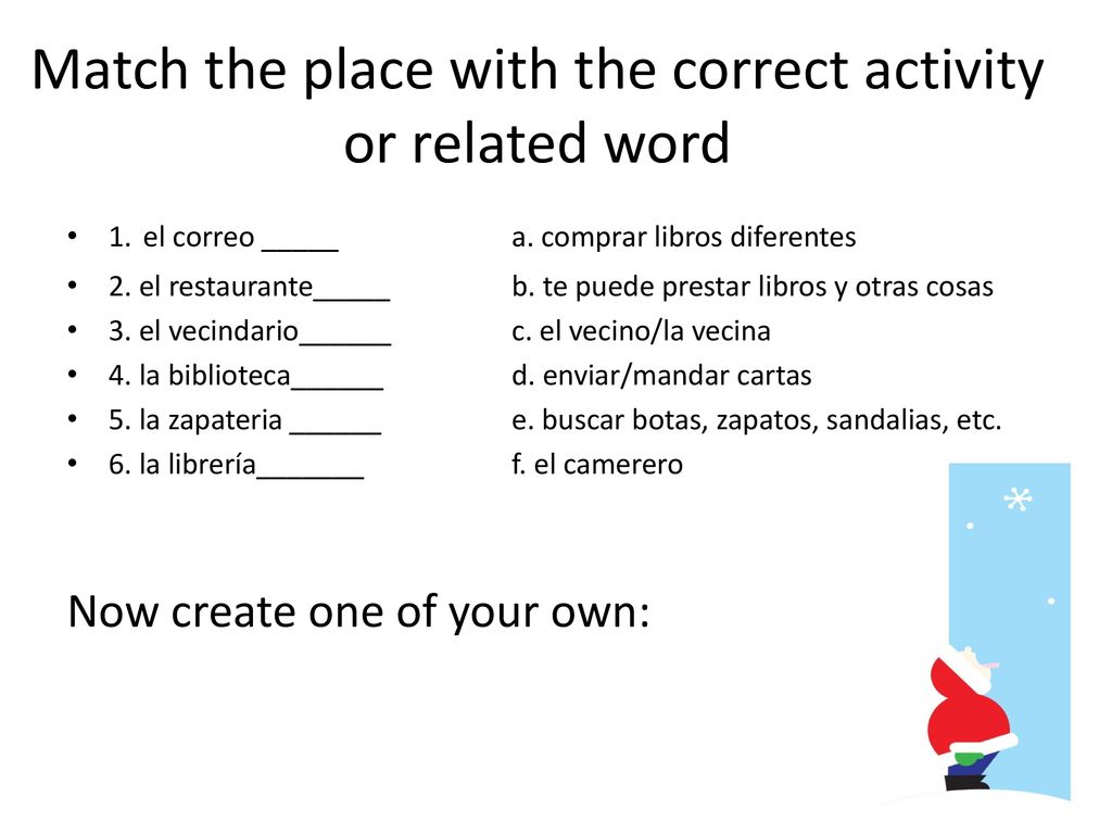 Match the place with the correct activity or related word