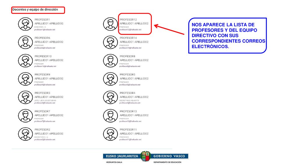 NOS APARECE LA LISTA DE PROFESORES Y DEL EQUIPO DIRECTIVO CON SUS CORRESPONDIENTES CORREOS ELECTRÓNICOS.