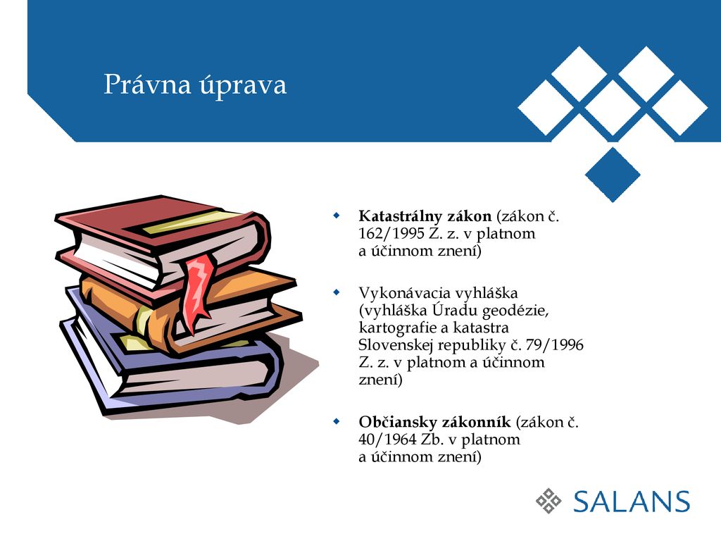 Právna úprava Katastrálny zákon (zákon č. 162/1995 Z. z. v platnom a účinnom znení)