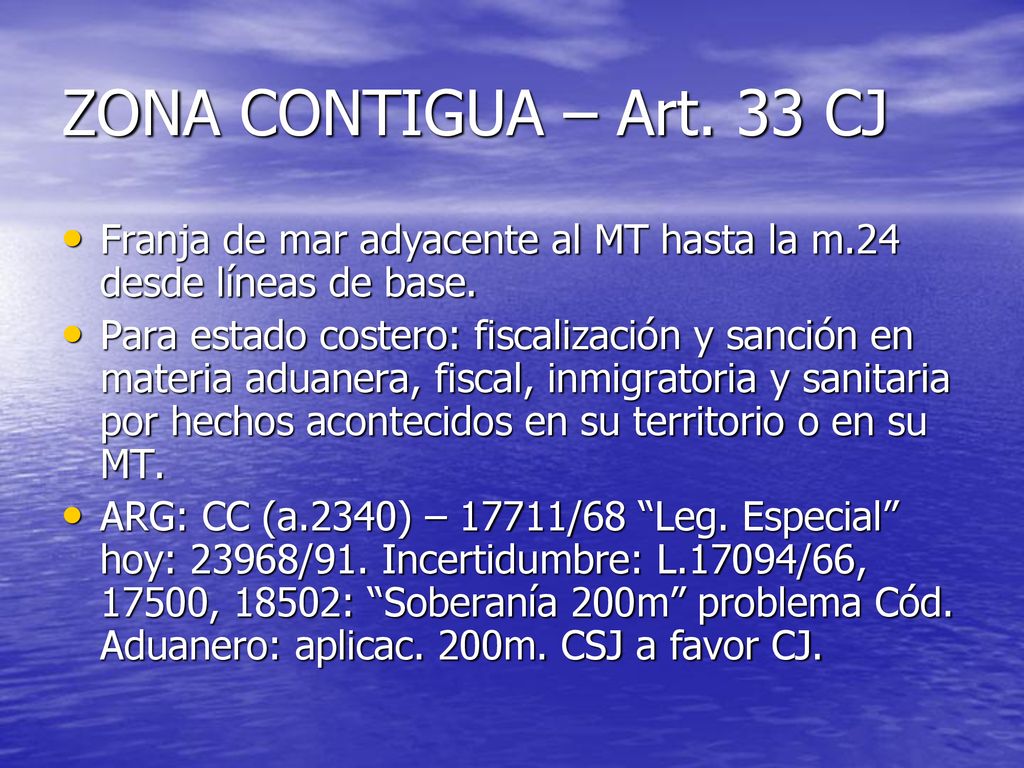 ZONA CONTIGUA – Art. 33 CJ Franja de mar adyacente al MT hasta la m.24 desde líneas de base.