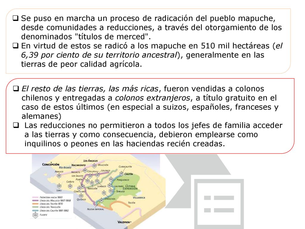 Se puso en marcha un proceso de radicación del pueblo mapuche, desde comunidades a reducciones, a través del otorgamiento de los denominados títulos de merced .
