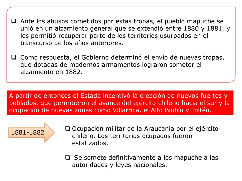 Ante los abusos cometidos por estas tropas, el pueblo mapuche se unió en un alzamiento general que se extendió entre 1880 y 1881, y les permitió recuperar parte de los territorios usurpados en el transcurso de los años anteriores.