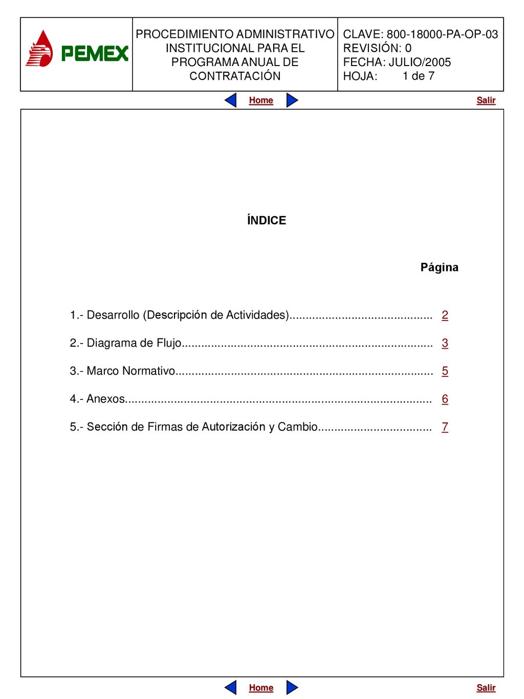 1 de 7 ÍNDICE. Página. 1.- Desarrollo (Descripción de Actividades)