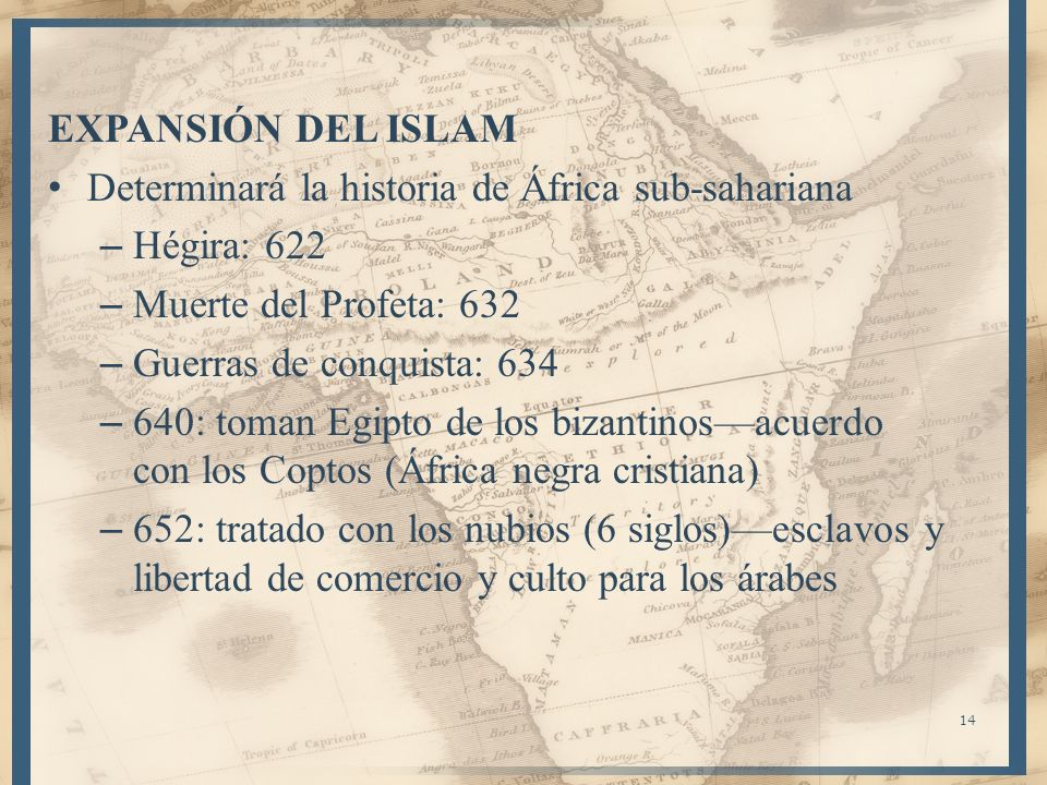 EXPANSIÓN DEL ISLAM Determinará la historia de África sub-sahariana. Hégira: 622. Muerte del Profeta: 632.