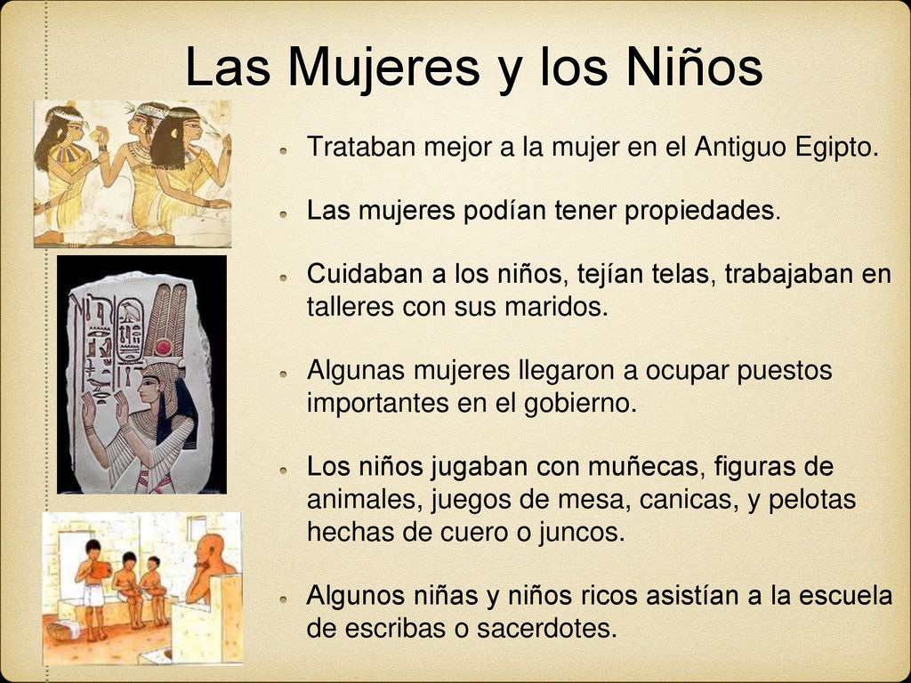 Las Mujeres y los Niños Trataban mejor a la mujer en el Antiguo Egipto. Las mujeres podían tener propiedades.