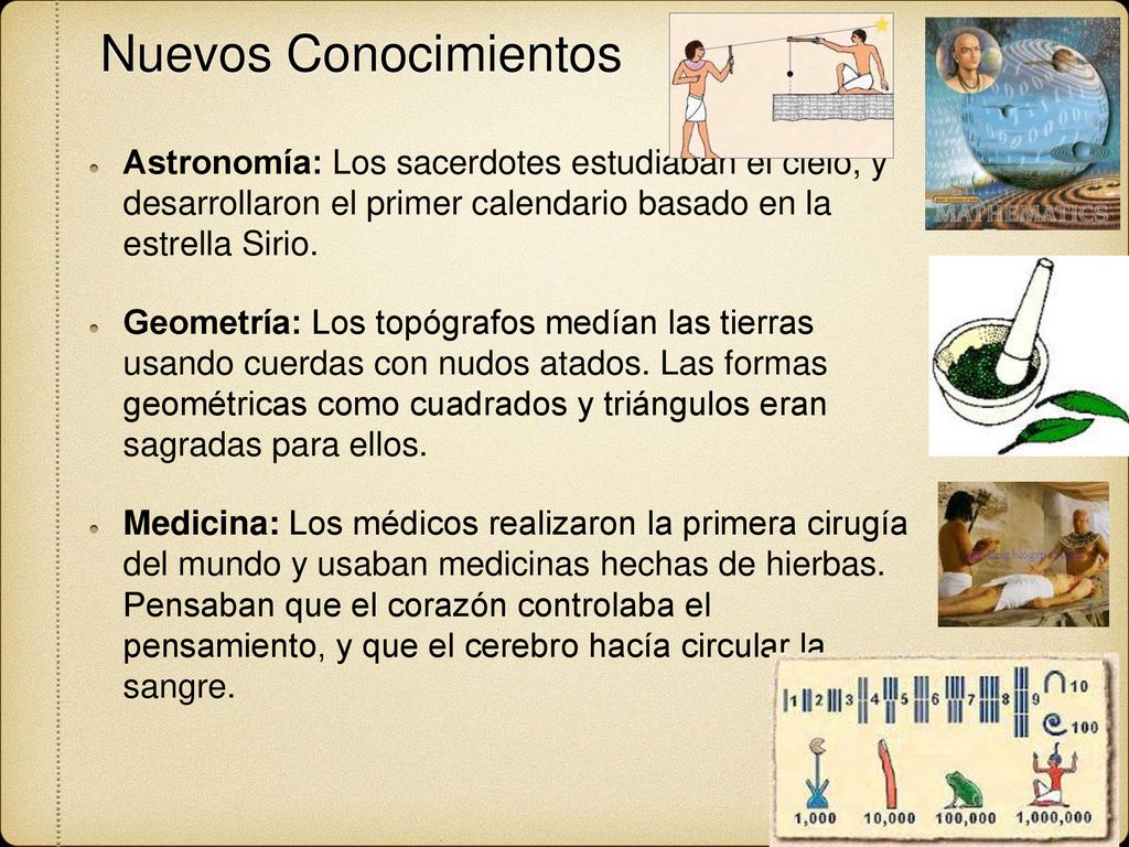 Nuevos Conocimientos Astronomía: Los sacerdotes estudiaban el cielo, y desarrollaron el primer calendario basado en la estrella Sirio.