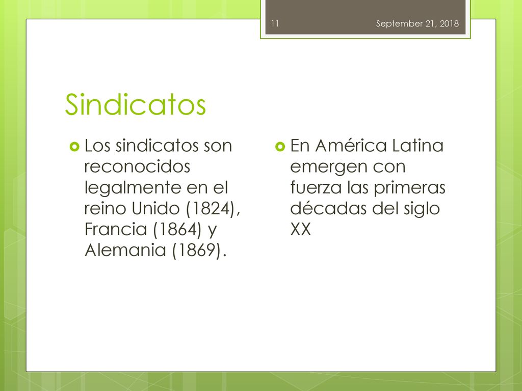September 21, 2018 Sindicatos. Los sindicatos son reconocidos legalmente en el reino Unido (1824), Francia (1864) y Alemania (1869).