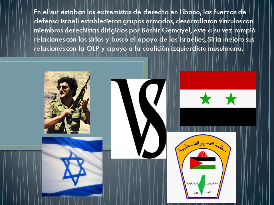 En el sur estaban los extremistas de derecha en Líbano, las fuerzas de defensa israelí establecieron grupos armados, desarrollaron vínculos con miembros derechistas dirigidos por Bashir Gemayel, este a su vez rompió relaciones con los sirios y busco el apoyo de los israelíes, Siria mejoro sus relaciones con la OLP y apoyo a la coalición izquierdista musulmana.