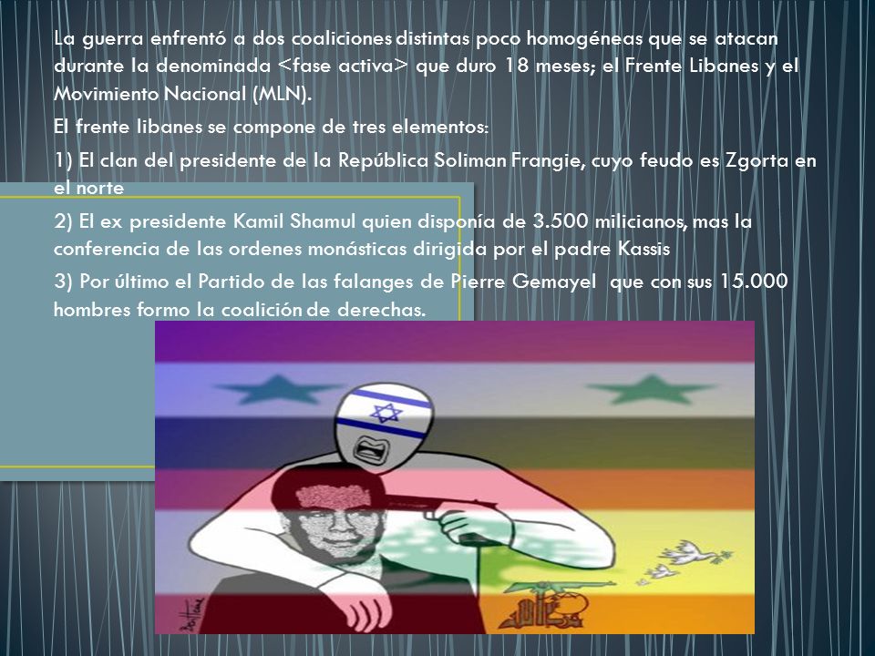 La guerra enfrentó a dos coaliciones distintas poco homogéneas que se atacan durante la denominada <fase activa> que duro 18 meses; el Frente Libanes y el Movimiento Nacional (MLN).