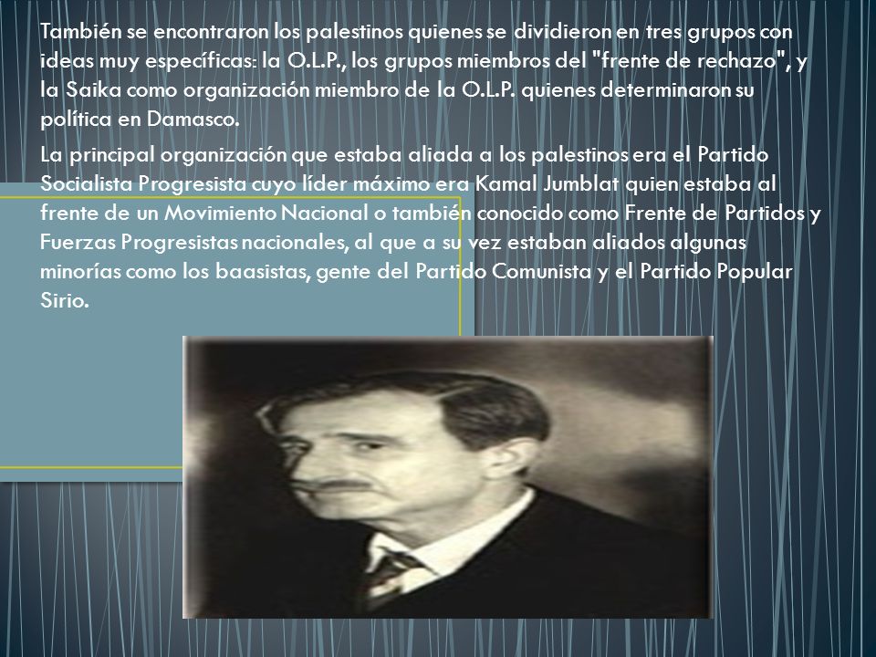 También se encontraron los palestinos quienes se dividieron en tres grupos con ideas muy específicas: la O.L.P., los grupos miembros del frente de rechazo , y la Saika como organización miembro de la O.L.P. quienes determinaron su política en Damasco.