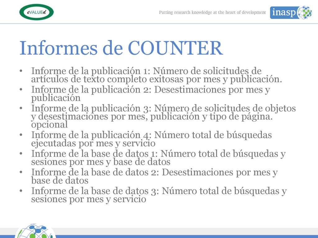 Informes de COUNTER Informe de la publicación 1: Número de solicitudes de artículos de texto completo exitosas por mes y publicación.