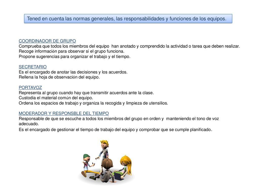 Tened en cuenta las normas generales, las responsabilidades y funciones de los equipos.