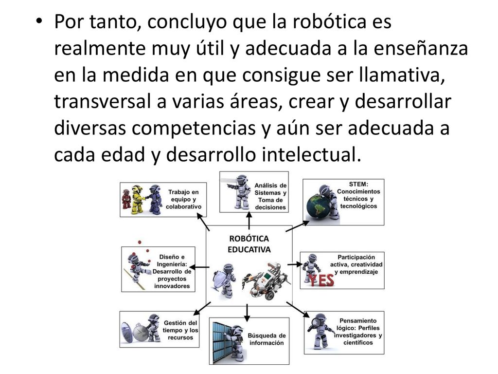 Por tanto, concluyo que la robótica es realmente muy útil y adecuada a la enseñanza en la medida en que consigue ser llamativa, transversal a varias áreas, crear y desarrollar diversas competencias y aún ser adecuada a cada edad y desarrollo intelectual.