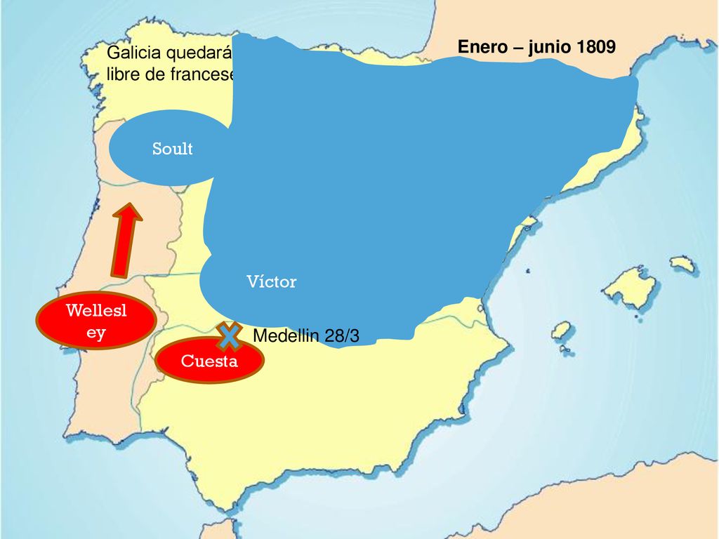Enero – junio 1809 Galicia quedará libre de franceses Soult Víctor Wellesley Medellin 28/3 Cuesta